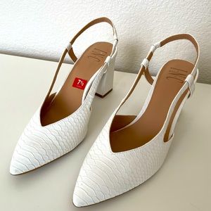 INC women’s white pointed toe block heel sling back sandal, Size 7.5 M. NWB